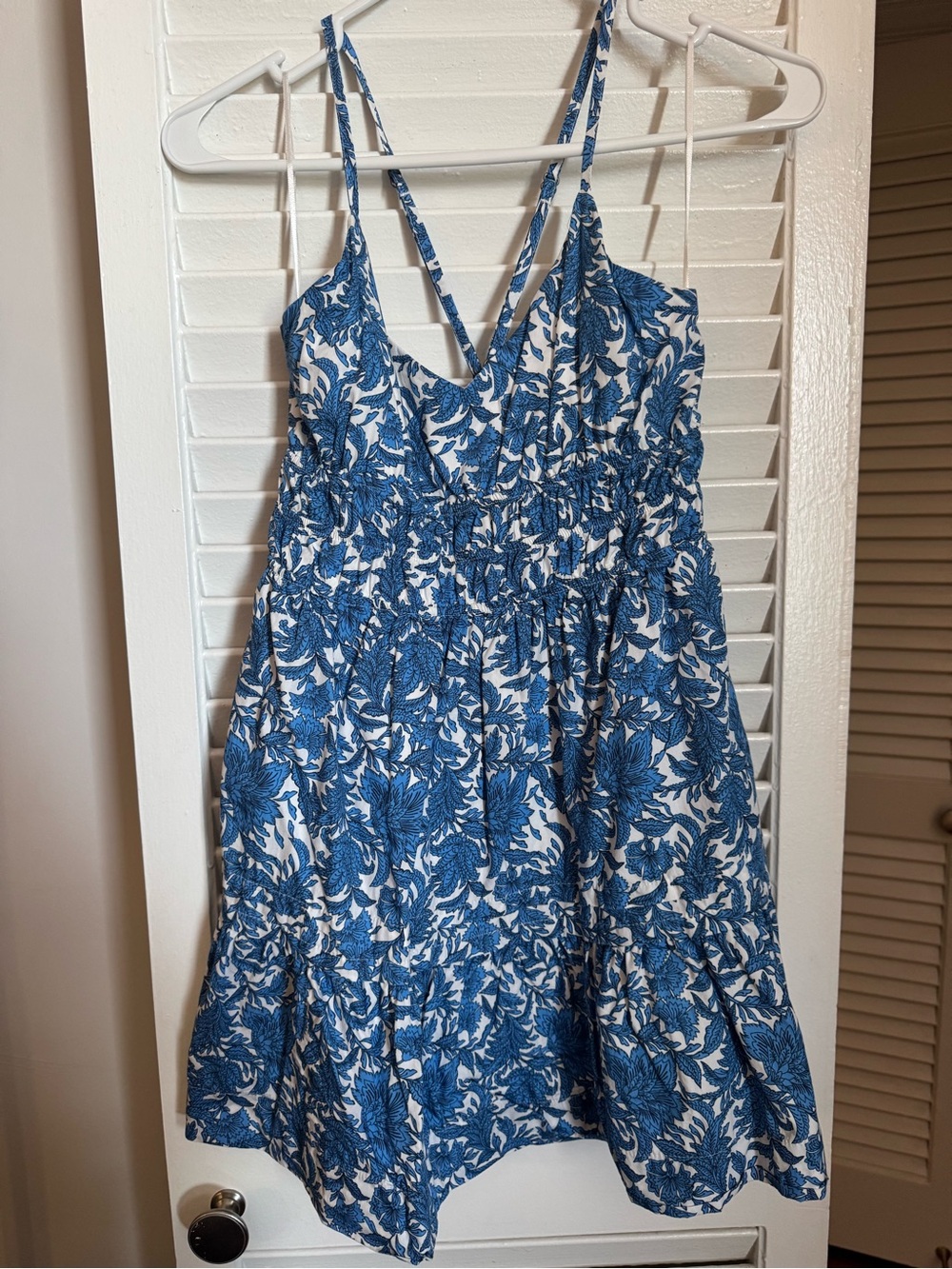 Anthropologie Somerset Blue and White Floral Smocked Mini Dress - Picture 2 of 3